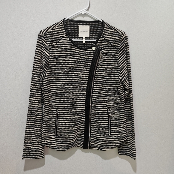 Aves Les Filles Large Sweater Asymmetrical Full Zip Black And White Stripe Tweed - Picture 2 of 6